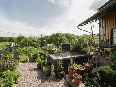 a garden with potted plants on a patio at Hoarders Cottage in Hereford
