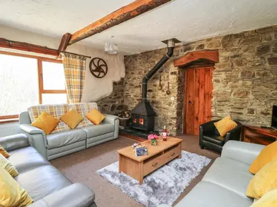 a living room with a couch and a wood stove at Y Felin in Llanybydder