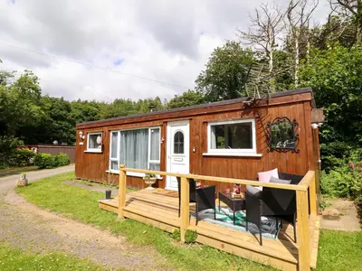 a tiny house with a porch and a deck at Chalet Forte in Aberdyfi