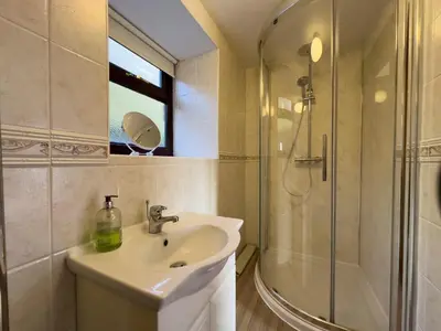 a bathroom with a sink and a shower at Crogal Stable in New Quay