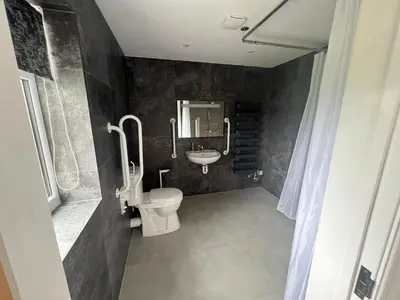 a bathroom with a toilet and a sink at Llwynblyfyn in Llandeilo