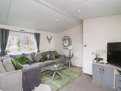 a living room with a couch and a tv at 43 The Deri in New Quay