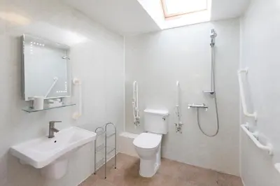 a bathroom with a toilet and a sink and a shower at Swn y Mor Aberaeron in Aberaeron