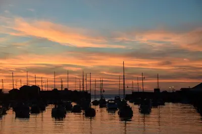 a group of boats docked in the water at sunset at Seabreeze Aberaeron in Aberaeron