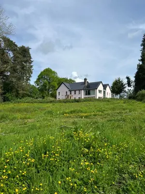 a white house in a field of flowers at The Pink House in Brecon
