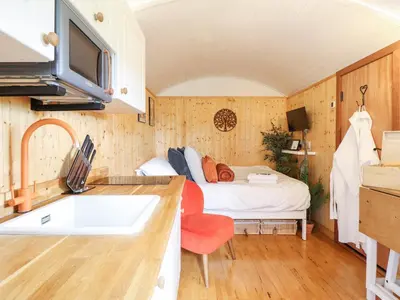 a caravan with a bed and a kitchen with a sink at Red Kite at Wild Valley Huts in Oswestry