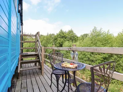 a table and chairs on the deck of a house at Cuckoo at Wild Valley Huts in Oswestry
