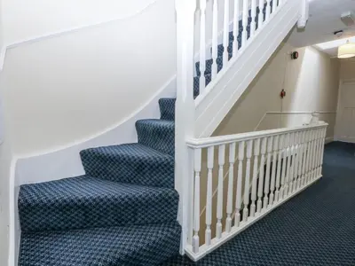 a stairway with blue carpeting and blue stairs at Tawelfan in Llwyngwril