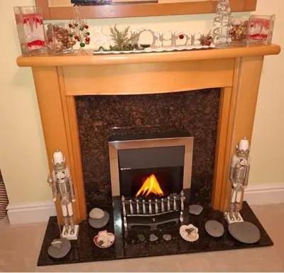two skeletons standing in front of a fireplace at Plas Hafan Apartment 2 Aberystwyth in Aberystwyth