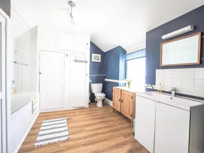 a bathroom with a toilet and a sink at Brodawel New Quay in New Quay