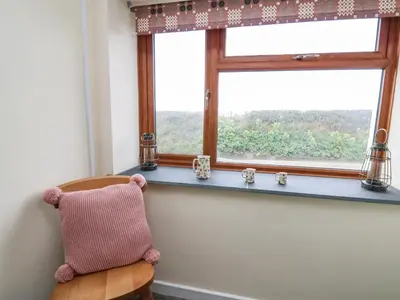 a chair with a pillow sitting in front of a window at Blaenferwig in New Quay