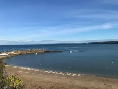 a beach with a pier and boats in the water at Blaenferwig in New Quay