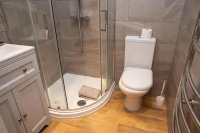 a bathroom with a shower and a toilet at No. 1 Cliffside New Quay in New Quay