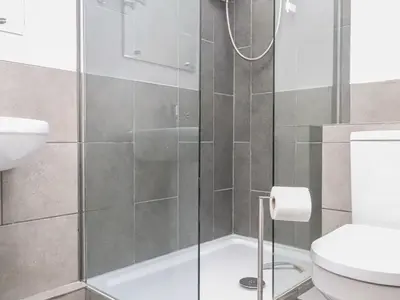 a bathroom with a shower and a toilet and a sink at Henllys in Harlech
