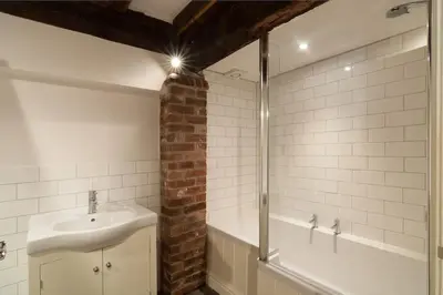 a bathroom with a sink and a shower at Grade 2 listed , In the heart of Historic Ludlow. in Ludlow