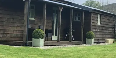 a house with two bushes in front of it at Cabin in the hills near Dolgellau in Dolgellau
