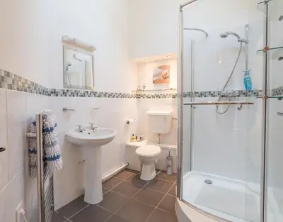 a bathroom with a toilet sink and a shower at Briallen Aberystwyth in Llanrhystyd