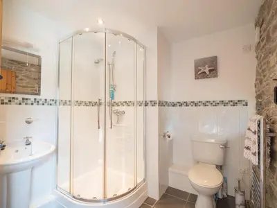 a bathroom with a shower and a toilet and a sink at Eirlys Aberystwyth in Llanrhystyd