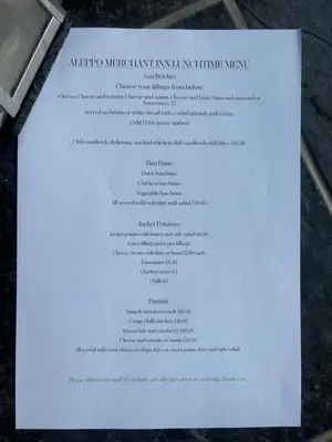 a menu for a micropolitan meatiki institute institute meal at Aleppo Merchant Inn in Carno