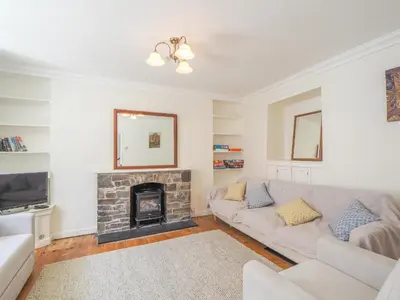 a living room with a couch and a fireplace at Glenydd New Quay in New Quay