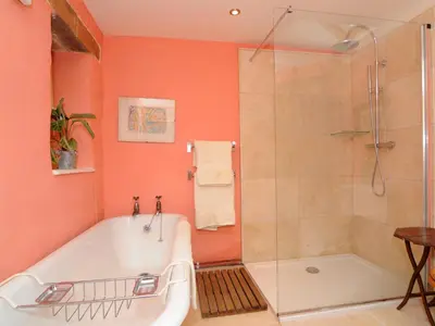 an orange bathroom with a tub and a shower at The Old Mill Devils Bridge in Llanilar