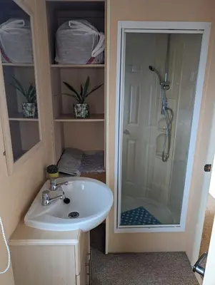 a bathroom with a shower and a white sink at 64 Wide Horizon in Aberaeron