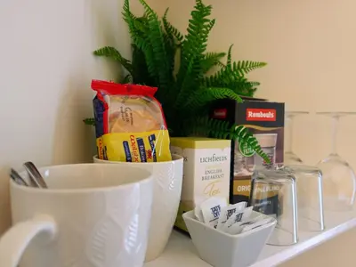 a counter with cups and a plant on a shelf at By the River in Glasbury