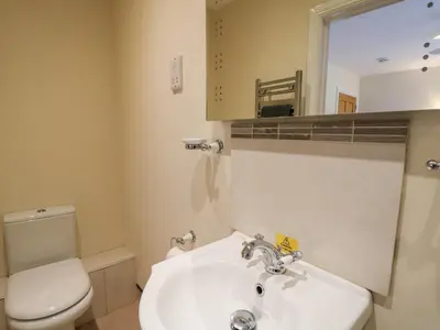 a bathroom with a sink and a toilet and a mirror at Caban Dulas in Rhayader
