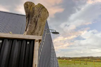 a street light on a fence with a cow pasture at The Tri-Pod in Llanarth