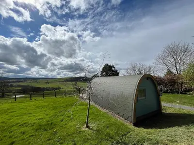 a net in the middle of a field at The Pod Patch - Trelerney Pod in Bishops Castle