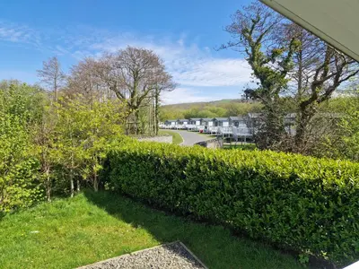 a hedge in front of a yard with a road at HARRIES LODGE QUAY WEST milkwood way in New Quay