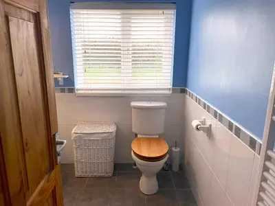 a bathroom with a toilet with a wooden seat at Caerhafod Llangrannog in Llanllwchaiarn