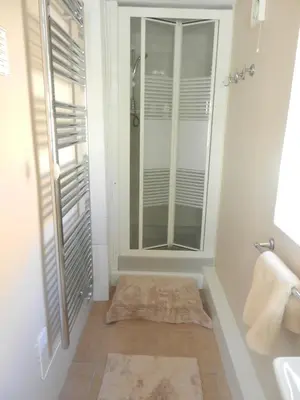 a bathroom with a shower and a sink and a mirror at 3 Prospect Place New Quay in New Quay