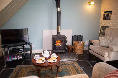 a living room with a wood stove in a living room at The Coach House New Quay in Cross Inn