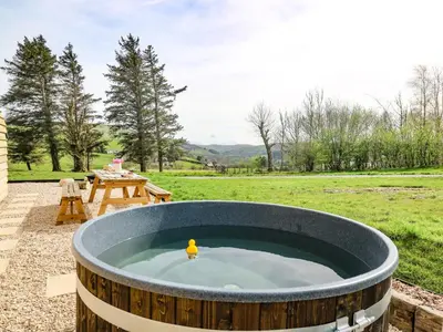 a wooden barrel hot tub with a rubber duck in it at Willow in Llanidloes