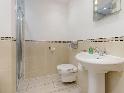 a bathroom with a sink and a toilet and a shower at Derwen Haidd in Llanafan