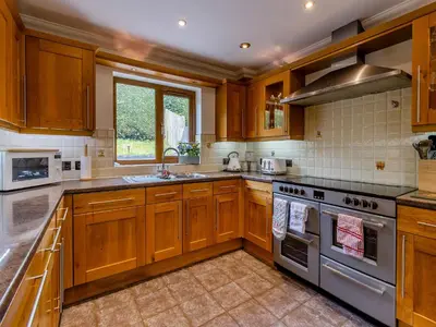 a kitchen with wooden cabinets and stainless steel appliances at Derwen Haidd in Llanafan