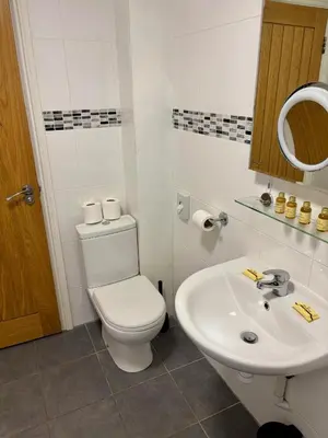 a white bathroom with a toilet and a sink at Marine Apartment in Aberystwyth