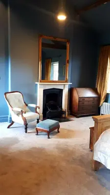 a living room with a chair and a mirror at Apartment at Llanerchydol Hall in Welshpool