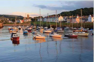 a bunch of boats are docked in a harbor at Quirky Cottage with Private Garden Nr New Quay Cardigan Bay in Llandysul
