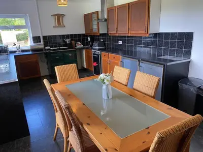 a kitchen with a table with a vase of flowers on it at Cottage in the Countryside Near New Quay West Wales in Llandysul