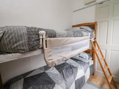 a bedroom with two bunk beds and a ladder at Chalet 32 in Aberystwyth