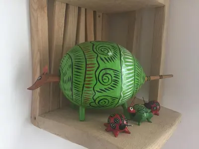a green toy turtle sitting on a shelf at Stunning views of Ynyshir & Southern Snowdonia in Machynlleth