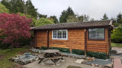 a log cabin with a picnic table and a picnic table sidx sidx at Snowdonia Log Cabin 2 in Trawsfynydd