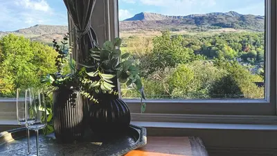 a plant in a vase sitting on a table next to a window at Amazing Cader views Torrent en suite in Dolgellau