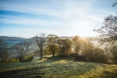 a view of a hill with trees on it at Cyra in Llangollen