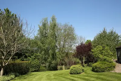 a garden with green grass and trees and a house at The Manor House in Church Stretton