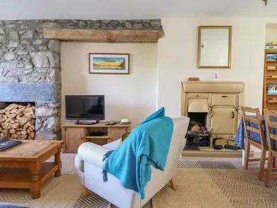 a living room with a couch and a fireplace at Glasfryn in Dolgellau