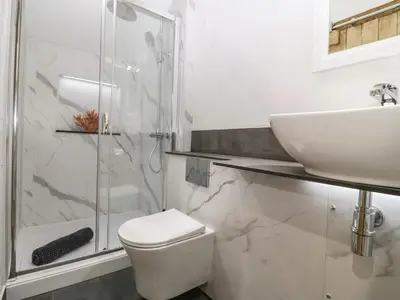 a bathroom with a toilet and a sink and a shower at Y Stabl in Dyffryn