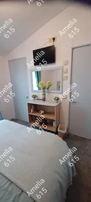 a bedroom with a bed and a dresser with a mirror at Amelia 615 Barmouth in Talybont